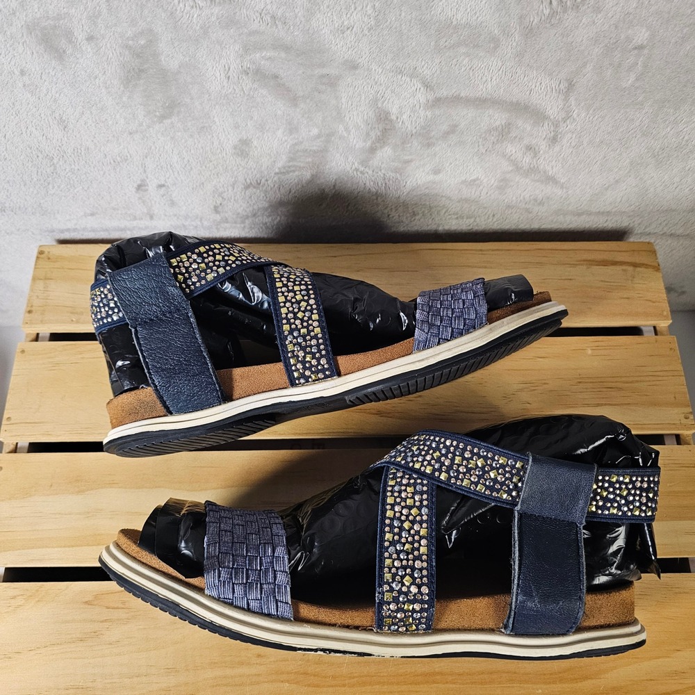 Women's Navy Blue Rhinestone Embellished Flat Sandals Size 40 - Picture 2 of 8